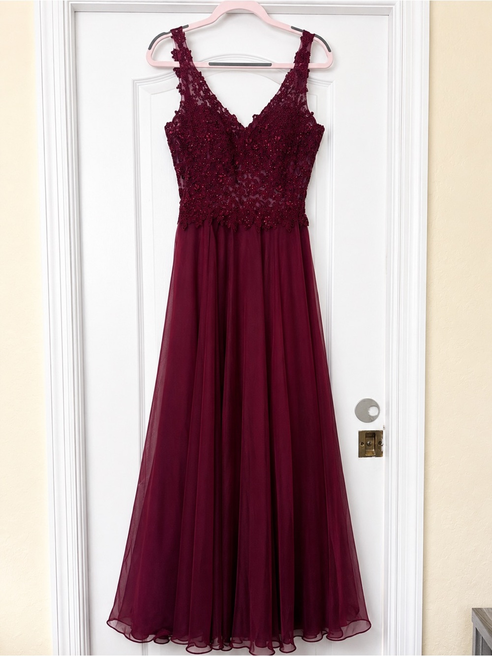 Camille La Vie Burgundy Prom Dress Lace Beaded Ball Gown